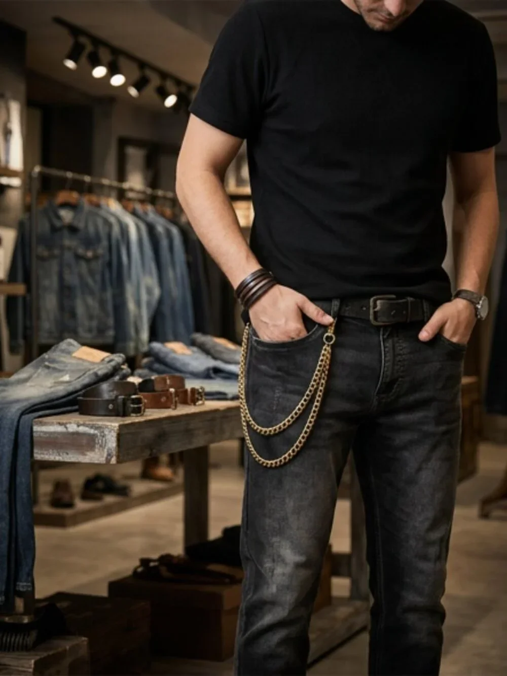 NEW Men Wallet Jeans Chain KeyChain Strong Gold Metal Links Biker 2 Strands